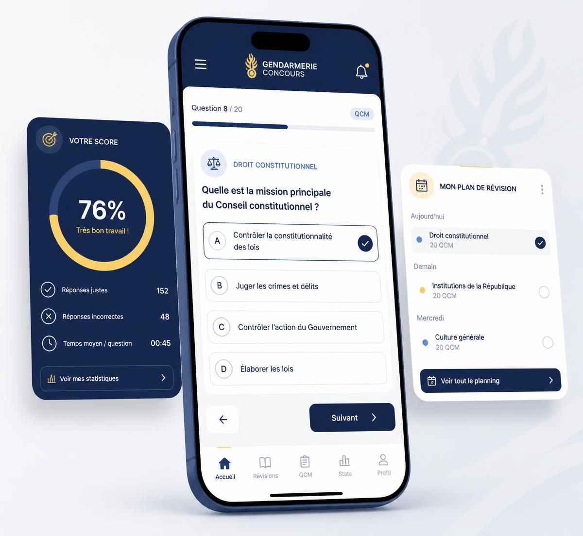 Aperçu d'un test QCM gendarmerie, d'un score de résultat et d'un planning de révision sur mobile